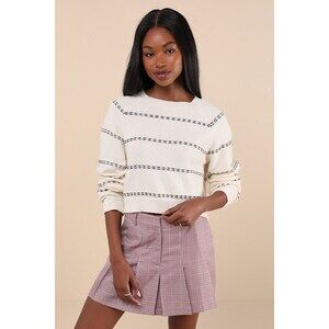 Lulus Pleasant Perception Ivory Stitched Long Sleeve Sweater White - Size S